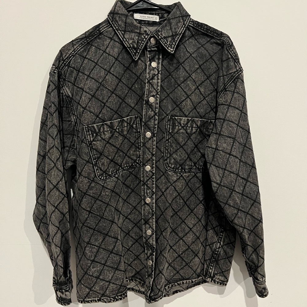 12th Tribe Washed Black Grid Plaid Jacket - Size Small